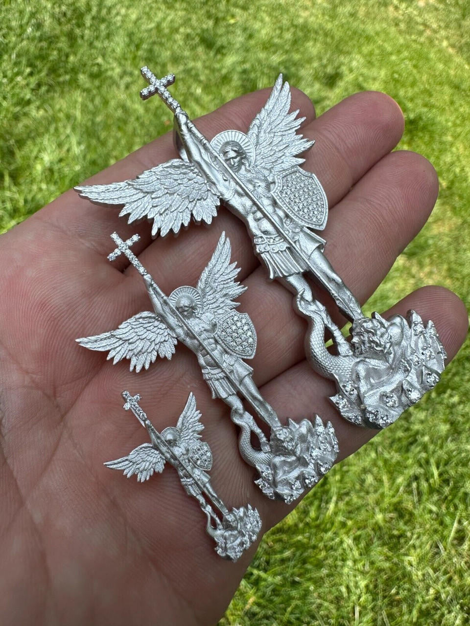 MOISSANITE Saint Michael Slaying Dragon Archangel Pendant - Sandblasted Matte Finish 925 Silver - 3 Sizes 1"-3"