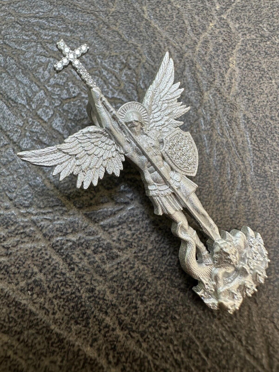 MOISSANITE Saint Michael Slaying Dragon Archangel Pendant - Sandblasted Matte Finish 925 Silver - 3 Sizes 1"-3"