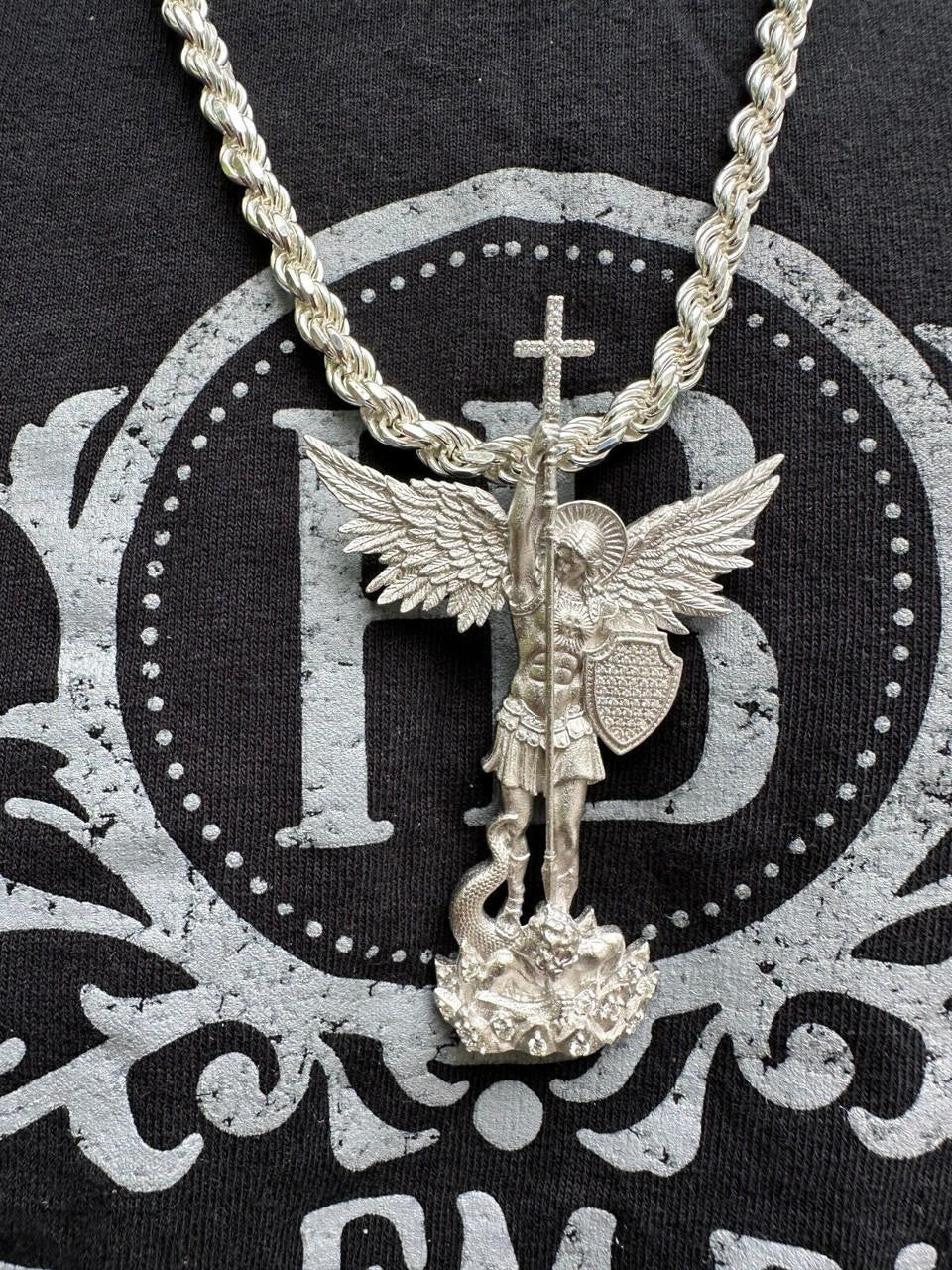 MOISSANITE Saint Michael Slaying Dragon Archangel Pendant - Sandblasted Matte Finish 925 Silver - 3 Sizes 1"-3"