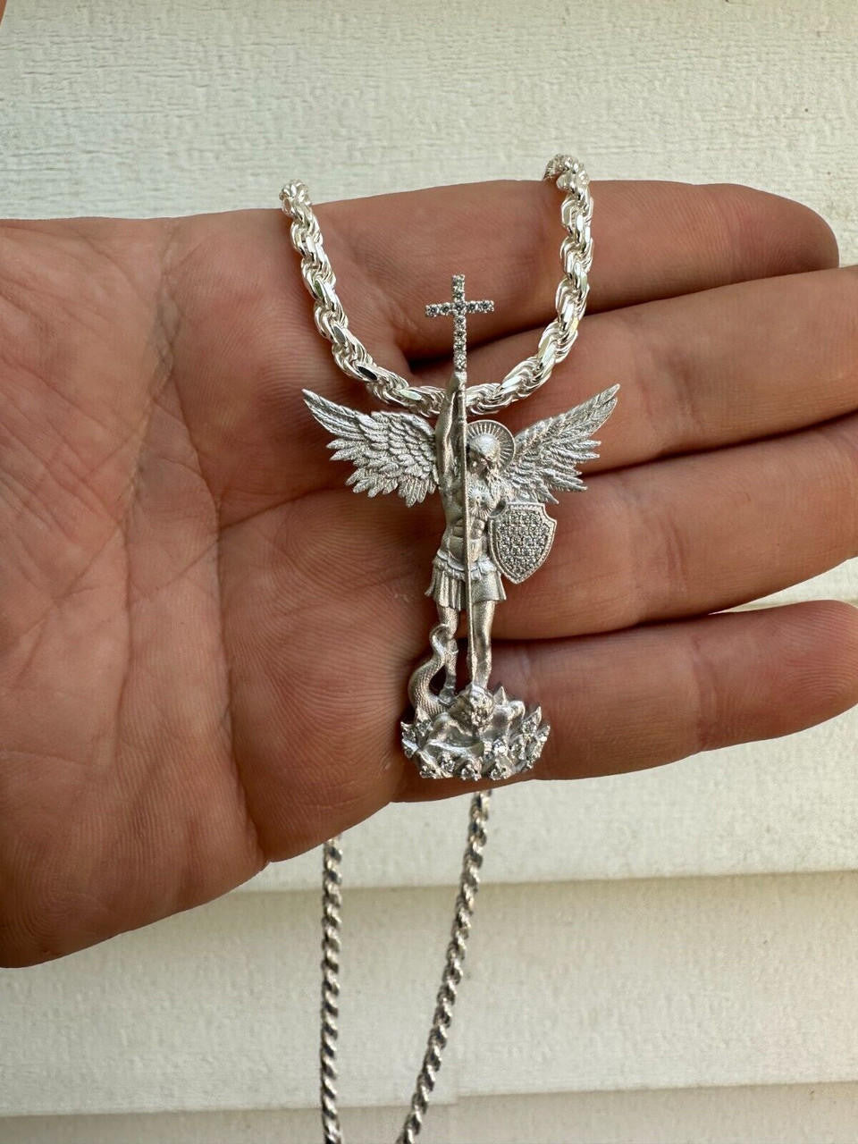 MOISSANITE Saint Michael Slaying Dragon Archangel Pendant - Sandblasted Matte Finish 925 Silver - 3 Sizes 1"-3"