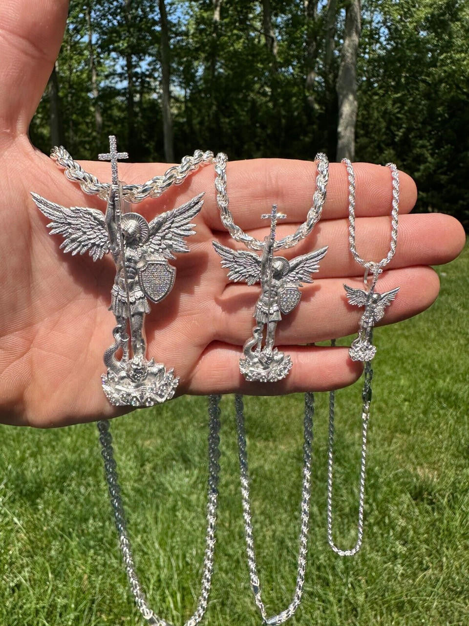 MOISSANITE Saint Michael Slaying Dragon Archangel Pendant - Sandblasted Matte Finish 925 Silver - 3 Sizes 1"-3"