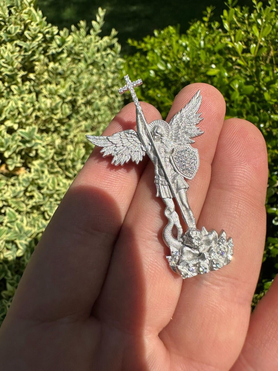 MOISSANITE Saint Michael Slaying Dragon Archangel Pendant - Sandblasted Matte Finish 925 Silver - 3 Sizes 1"-3"