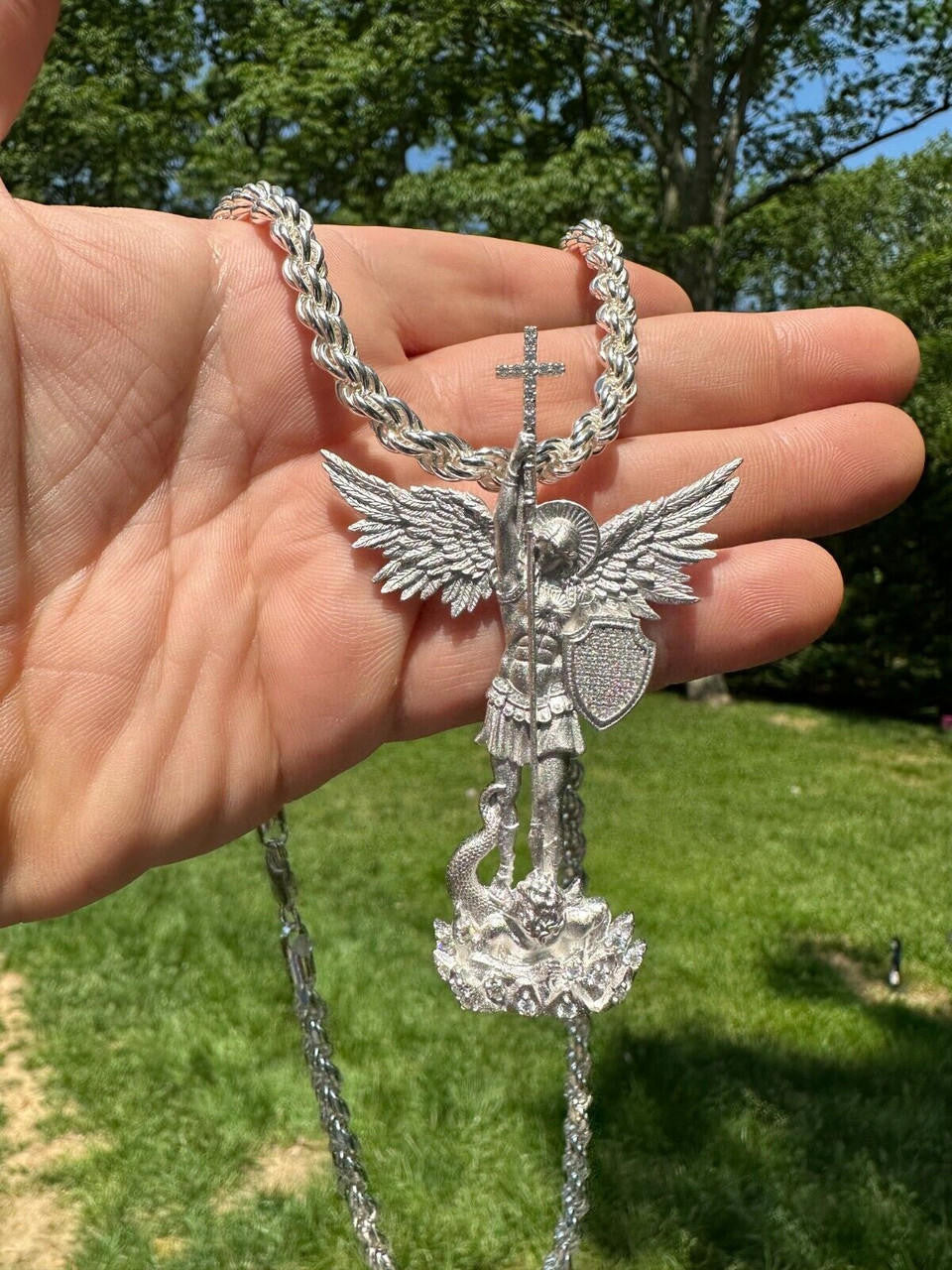 MOISSANITE Saint Michael Slaying Dragon Archangel Pendant - Sandblasted Matte Finish 925 Silver - 3 Sizes 1"-3"