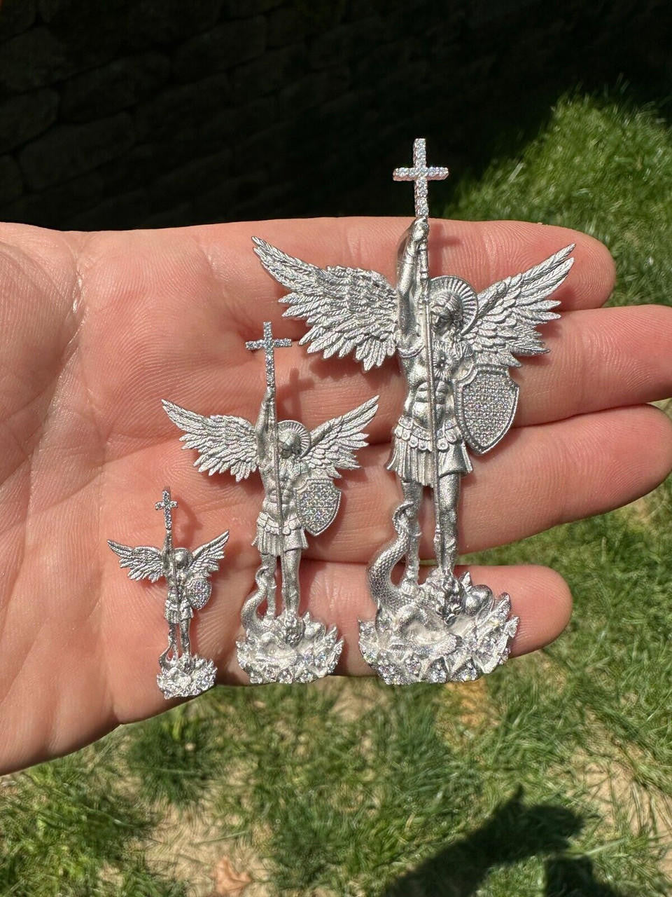 MOISSANITE Saint Michael Slaying Dragon Archangel Pendant - Sandblasted Matte Finish 925 Silver - 3 Sizes 1"-3"