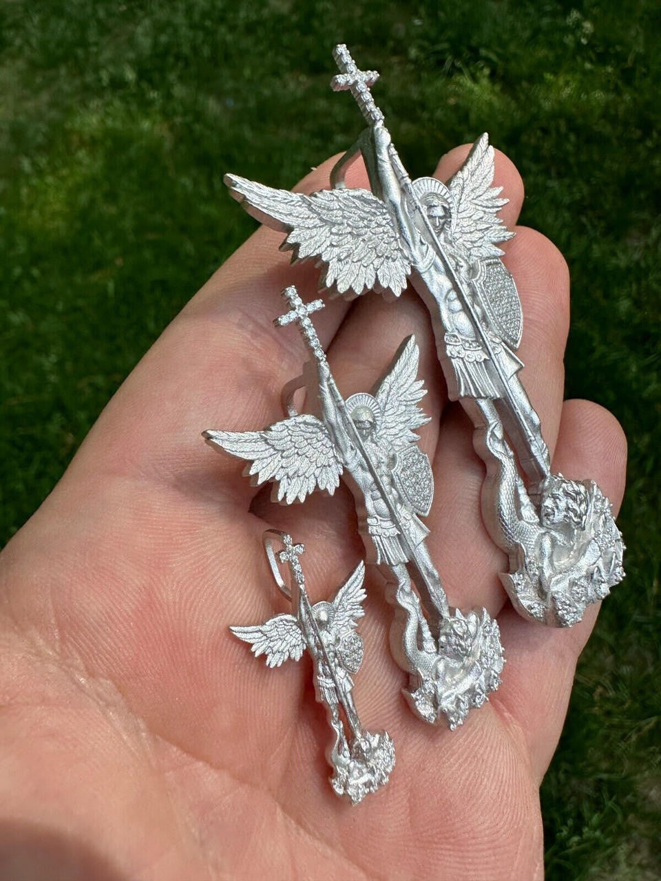 MOISSANITE Saint Michael Slaying Dragon Archangel Pendant - Sandblasted Matte Finish 925 Silver - 3 Sizes 1"-3"