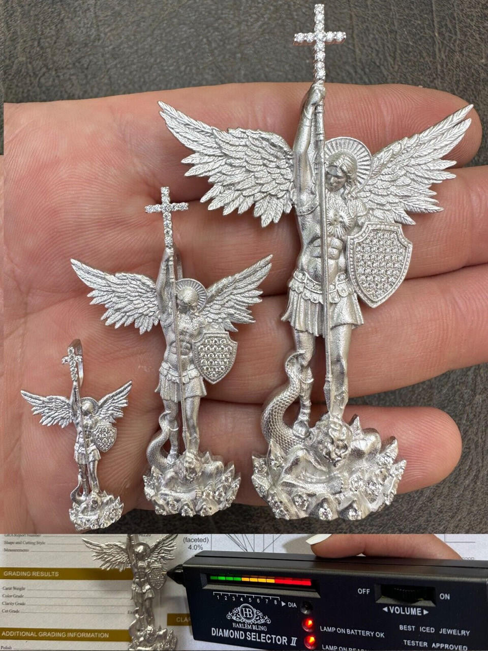 MOISSANITE Saint Michael Slaying Dragon Archangel Pendant - Sandblasted Matte Finish 925 Silver - 3 Sizes 1"-3"