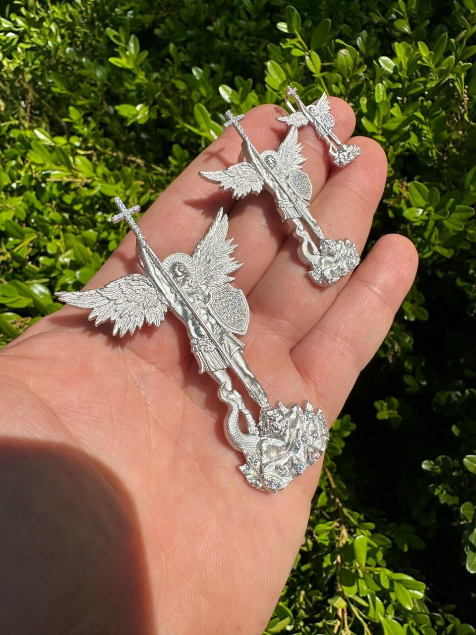 MOISSANITE Saint Michael Slaying Dragon Archangel Pendant - Sandblasted Matte Finish 925 Silver - 3 Sizes 1"-3"