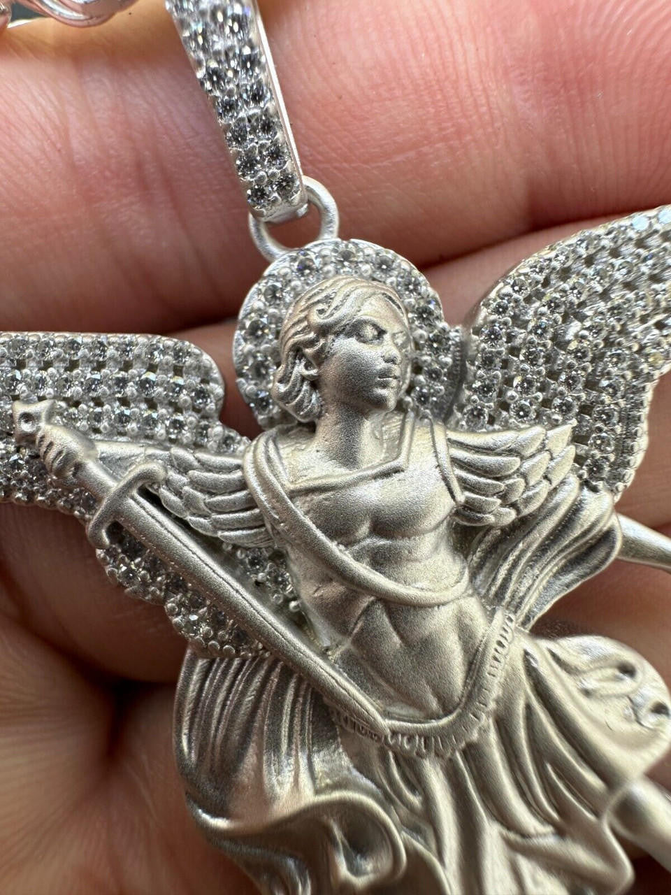 MOISSANITE Saint Michael Archangel Slaying Dragon Pendant - Sandblasted Matte Finish 925 Silver - 3 Sizes 1.25"-3"