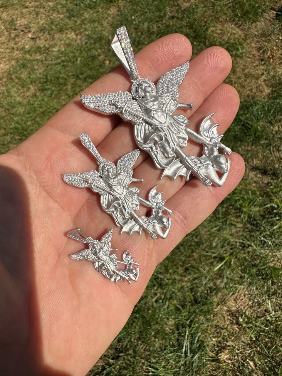 MOISSANITE Saint Michael Archangel Slaying Dragon Pendant - Sandblasted Matte Finish 925 Silver - 3 Sizes 1.25"-3"