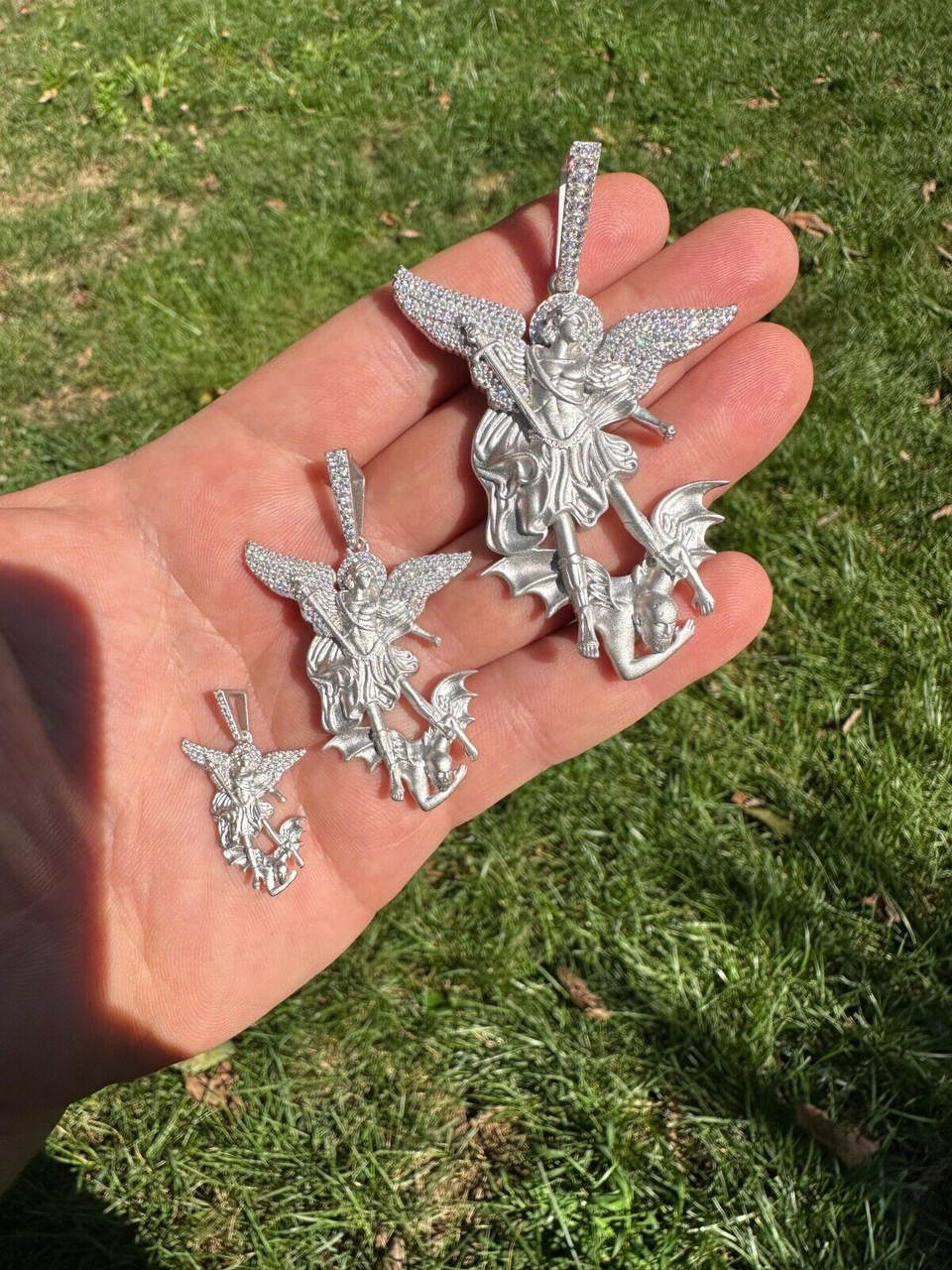 MOISSANITE Saint Michael Archangel Slaying Dragon Pendant - Sandblasted Matte Finish 925 Silver - 3 Sizes 1.25"-3"