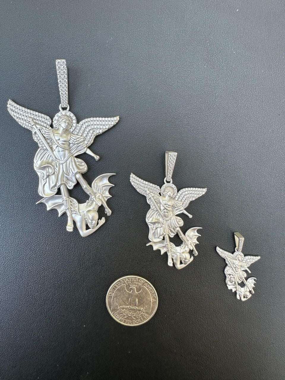 MOISSANITE Saint Michael Archangel Slaying Dragon Pendant - Sandblasted Matte Finish 925 Silver - 3 Sizes 1.25"-3"