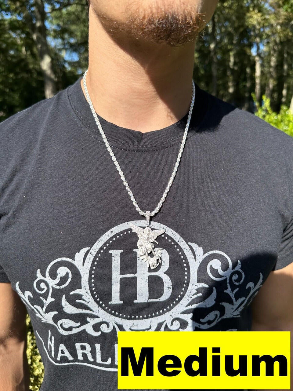 MOISSANITE Saint Michael Archangel Slaying Dragon Pendant - Sandblasted Matte Finish 925 Silver - 3 Sizes 1.25"-3"
