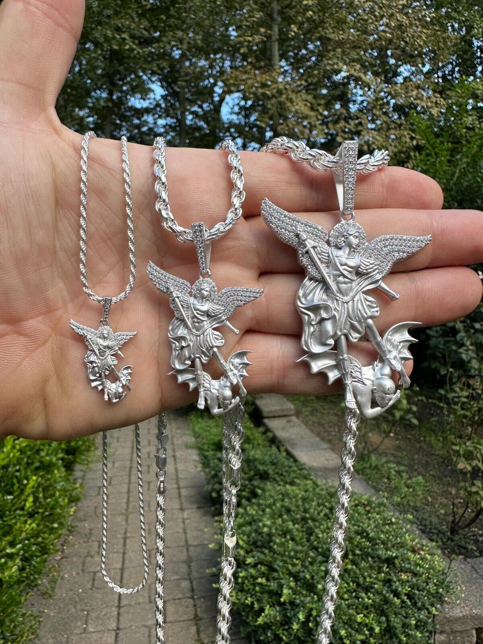 MOISSANITE Saint Michael Archangel Slaying Dragon Pendant - Sandblasted Matte Finish 925 Silver - 3 Sizes 1.25"-3"