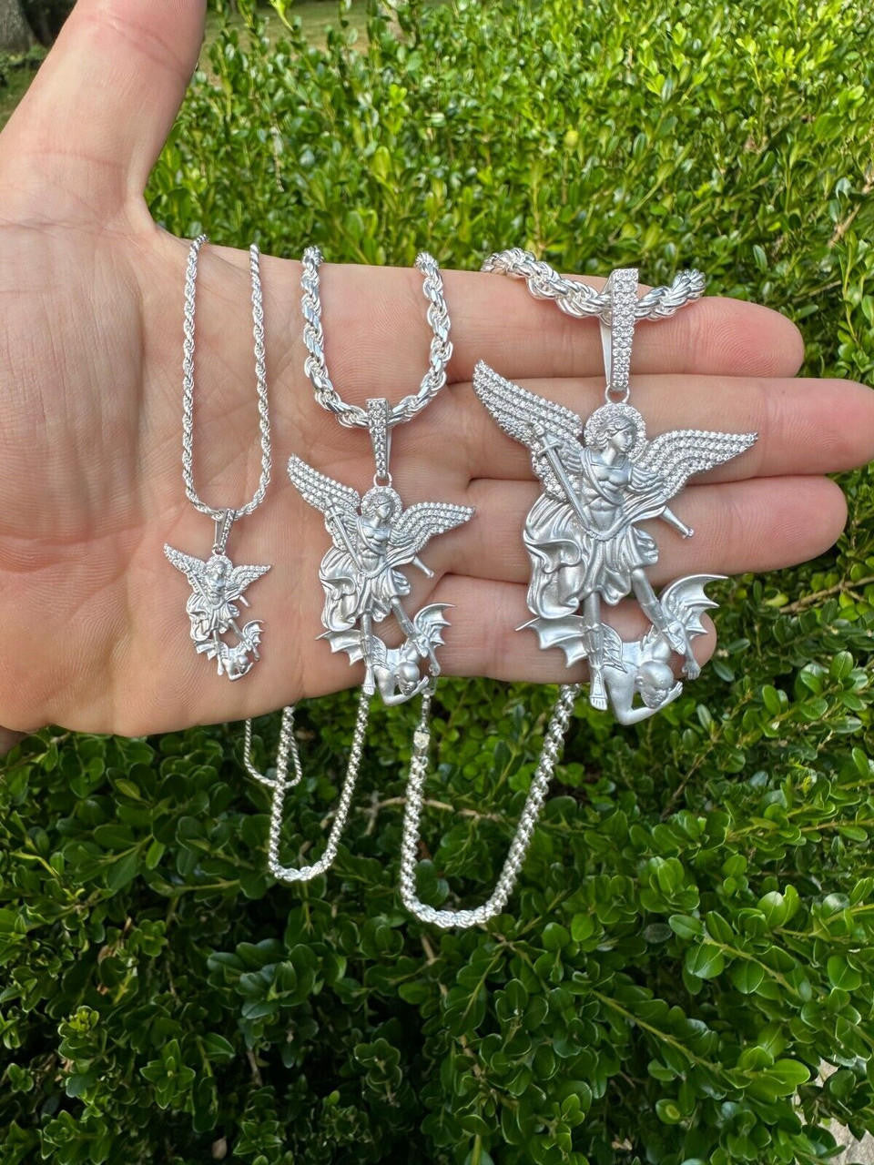 MOISSANITE Saint Michael Archangel Slaying Dragon Pendant - Sandblasted Matte Finish 925 Silver - 3 Sizes 1.25"-3"