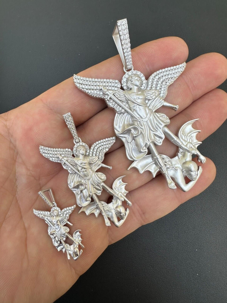 MOISSANITE Saint Michael Archangel Slaying Dragon Pendant - Sandblasted Matte Finish 925 Silver - 3 Sizes 1.25"-3"