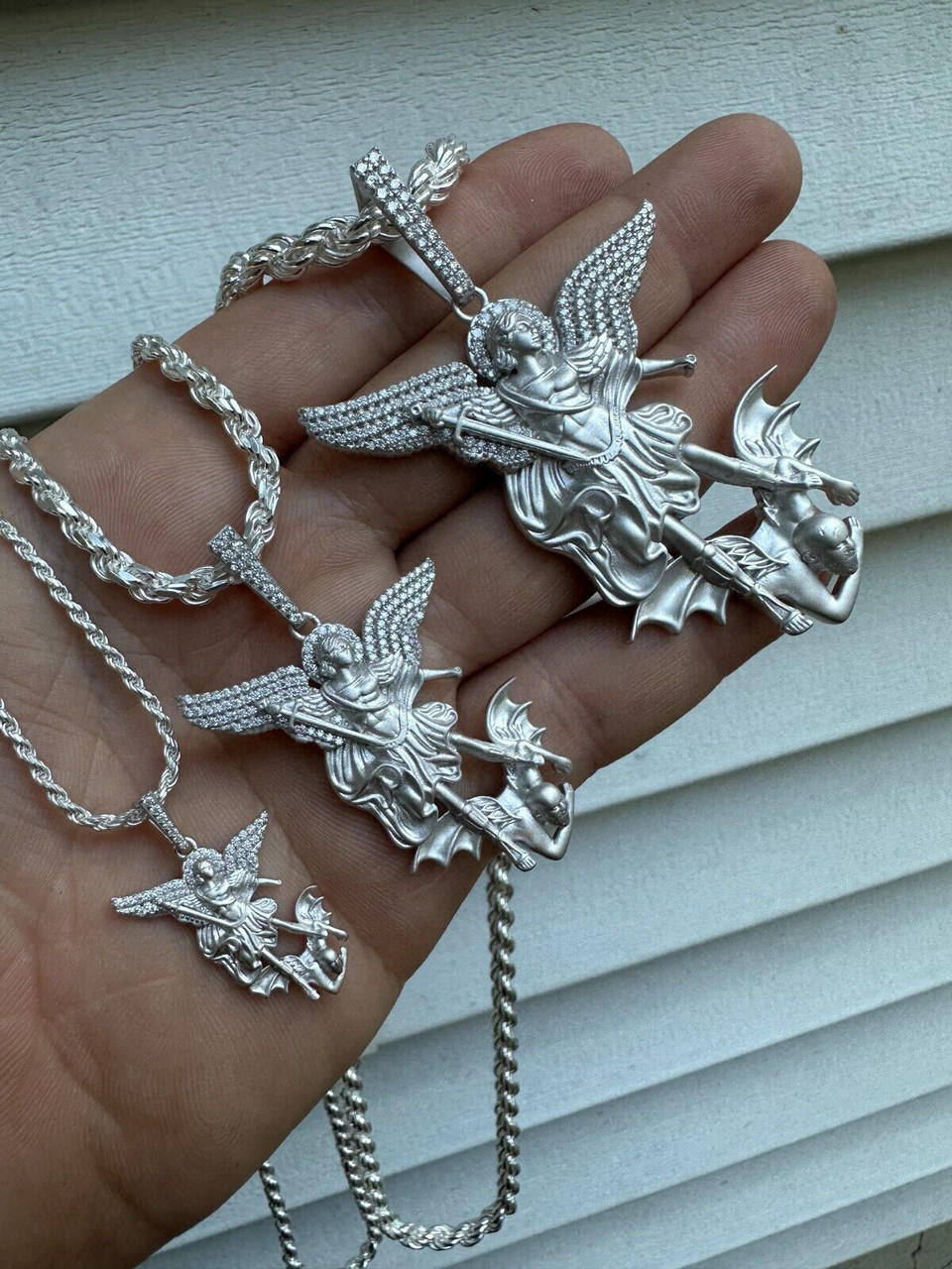 MOISSANITE Saint Michael Archangel Slaying Dragon Pendant - Sandblasted Matte Finish 925 Silver - 3 Sizes 1.25"-3"