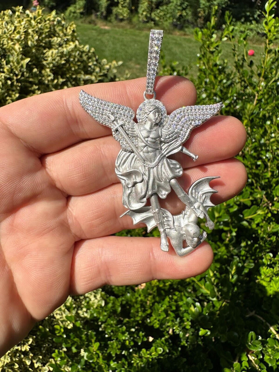 MOISSANITE Saint Michael Archangel Slaying Dragon Pendant - Sandblasted Matte Finish 925 Silver - 3 Sizes 1.25"-3"