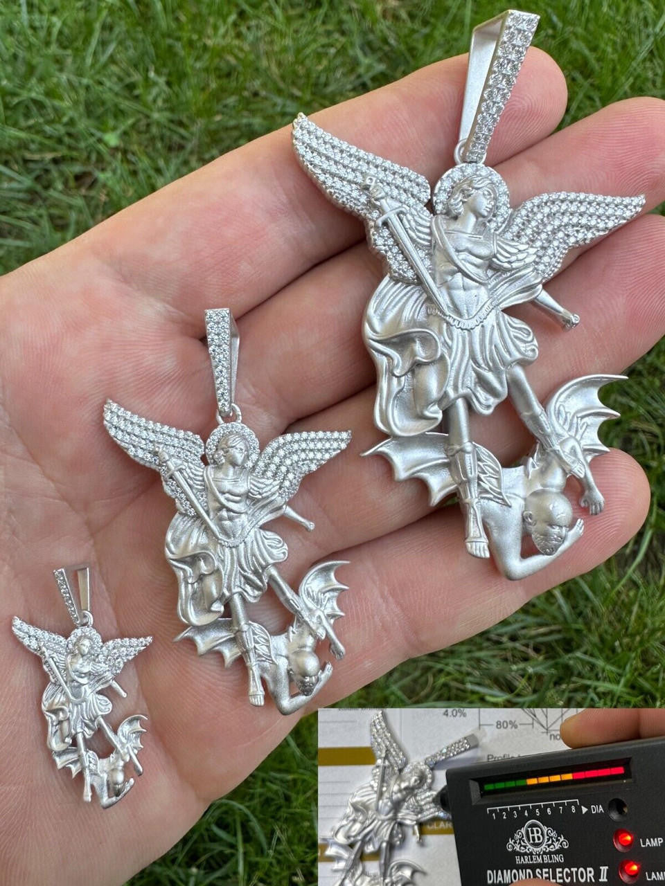 MOISSANITE Saint Michael Archangel Slaying Dragon Pendant - Sandblasted Matte Finish 925 Silver - 3 Sizes 1.25"-3"