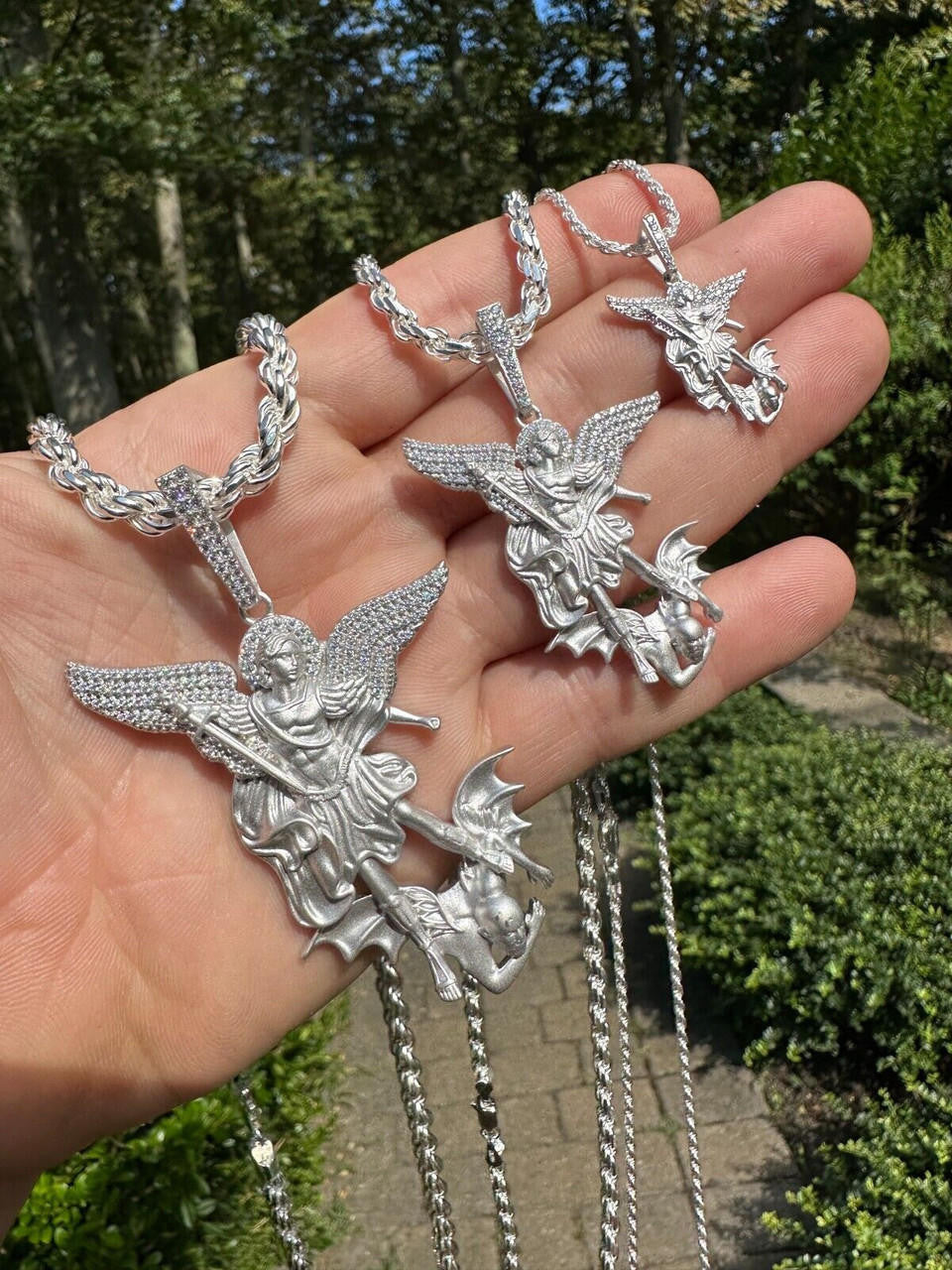 MOISSANITE Saint Michael Archangel Slaying Dragon Pendant - Sandblasted Matte Finish 925 Silver - 3 Sizes 1.25"-3"