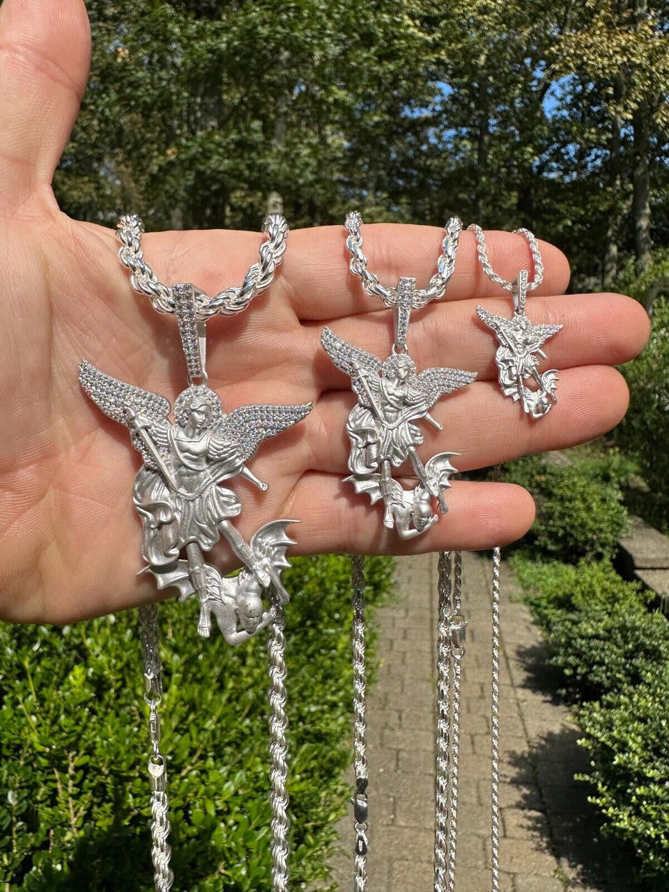 MOISSANITE Saint Michael Archangel Slaying Dragon Pendant - Sandblasted Matte Finish 925 Silver - 3 Sizes 1.25"-3"