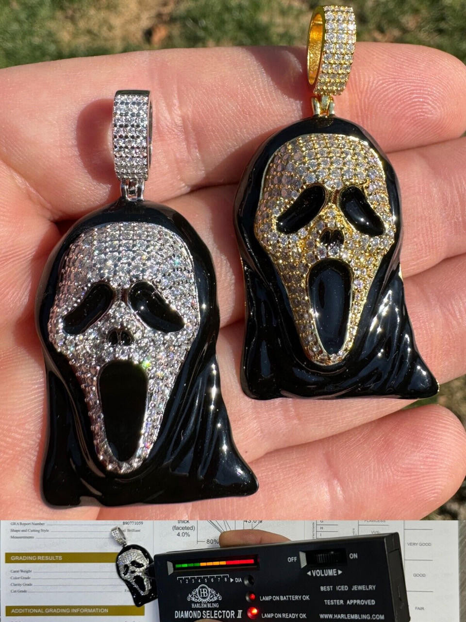 MOISSANITE Scream Mask Ghostface Iced Pendant - 14k Gold Vermeil Or 925 Silver - Medium 2"