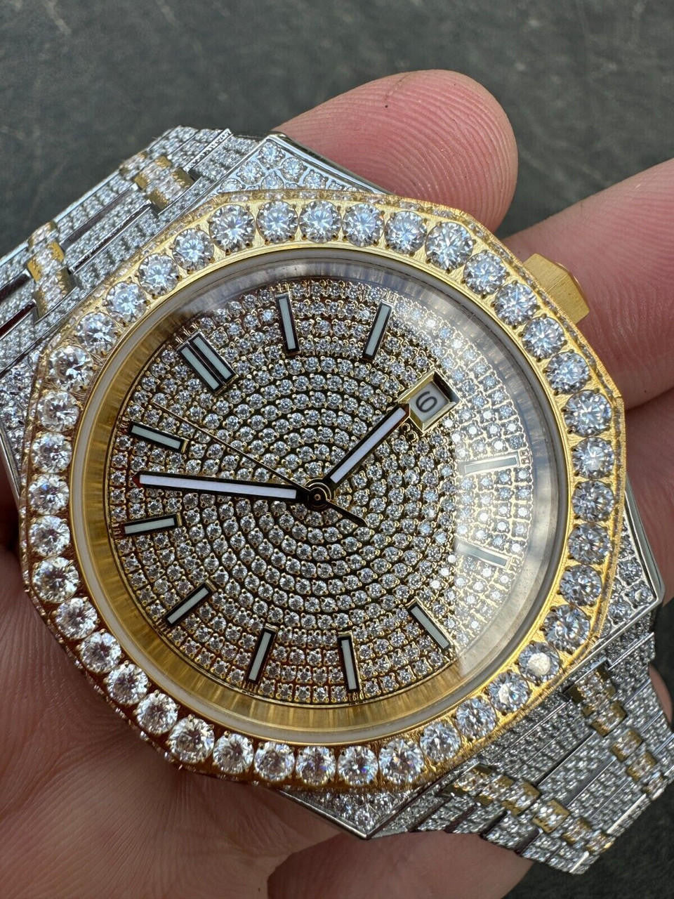 Real MOISSANITE Two Tone Gold Mens Auto Watch Iced Large Stones No ID Hip Hop