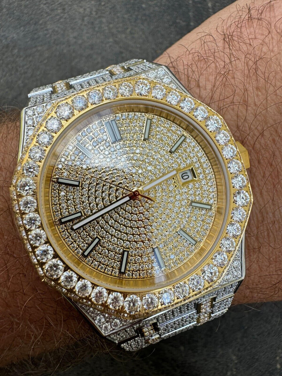 Real MOISSANITE Two Tone Gold Mens Auto Watch Iced Large Stones No ID Hip Hop