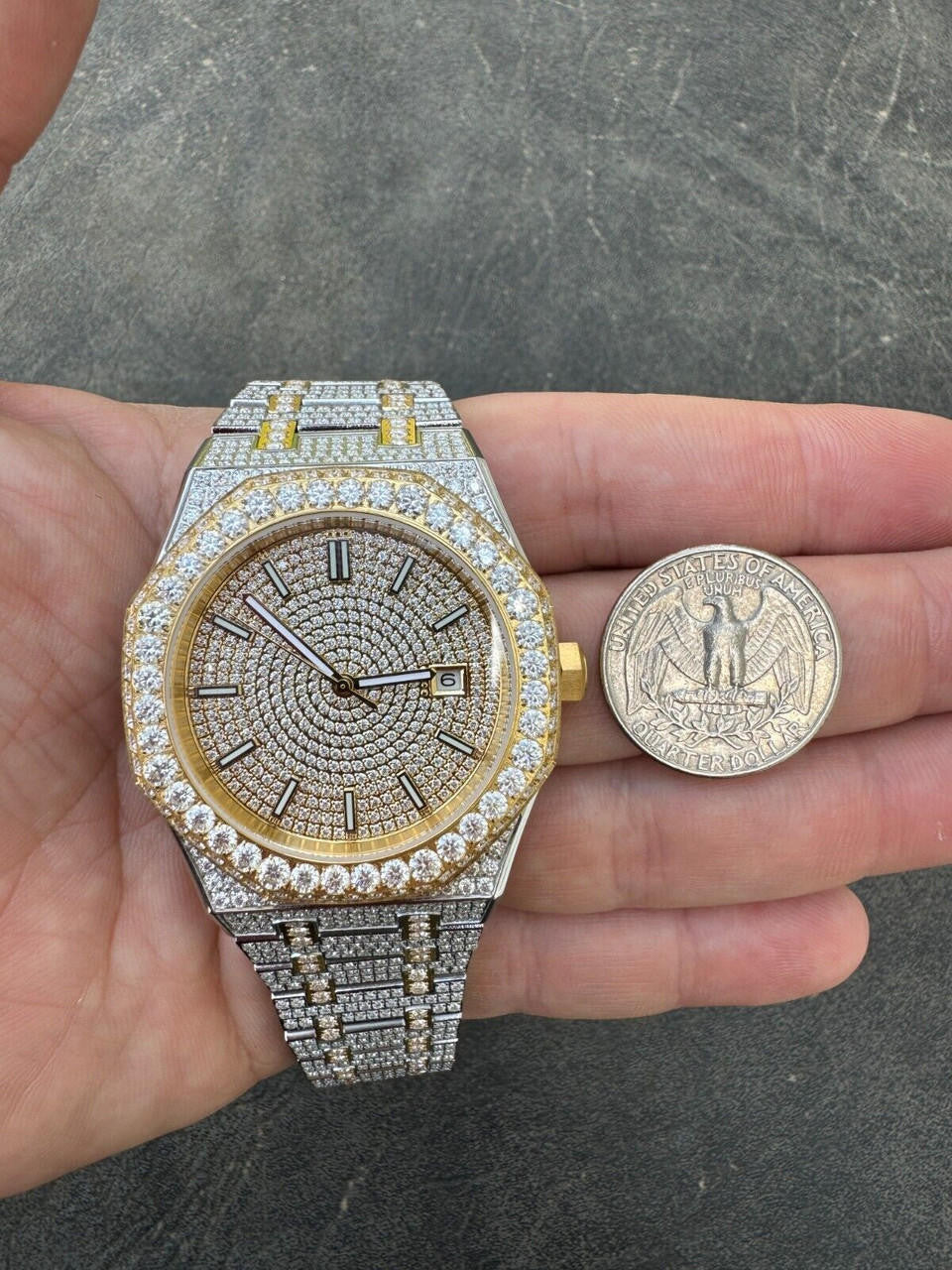 Real MOISSANITE Two Tone Gold Mens Auto Watch Iced Large Stones No ID Hip Hop