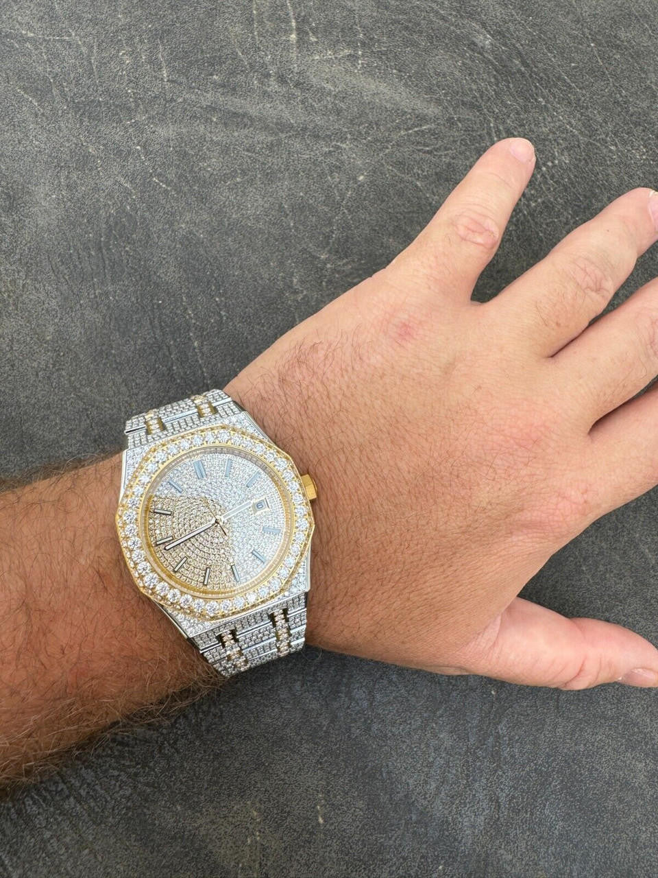 Real MOISSANITE Two Tone Gold Mens Auto Watch Iced Large Stones No ID Hip Hop