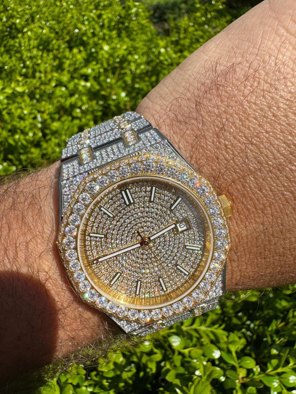 Real MOISSANITE Two Tone Gold Mens Auto Watch Iced Large Stones No ID Hip Hop