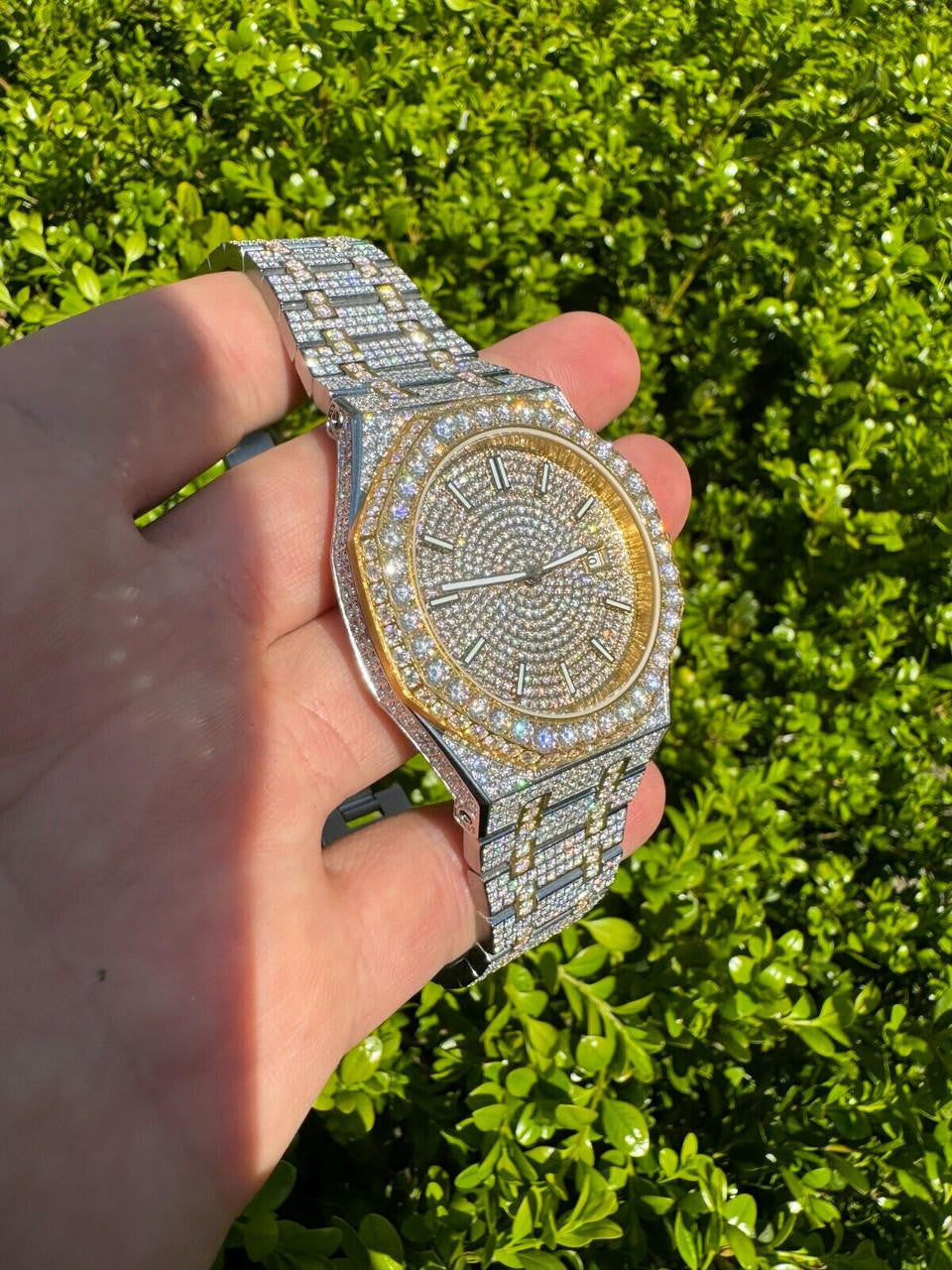 Real MOISSANITE Two Tone Gold Mens Auto Watch Iced Large Stones No ID Hip Hop