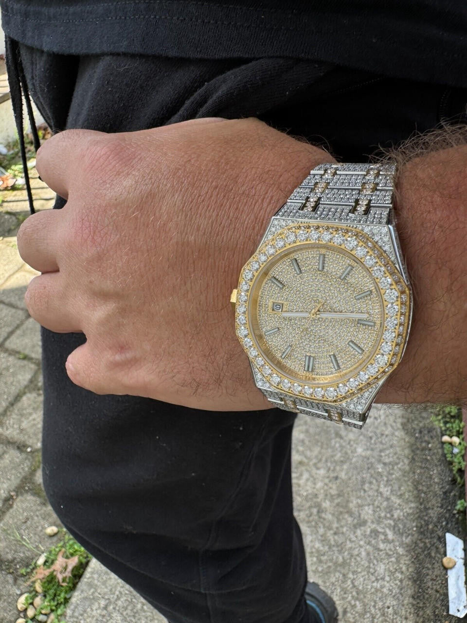 Real MOISSANITE Two Tone Gold Mens Auto Watch Iced Large Stones No ID Hip Hop