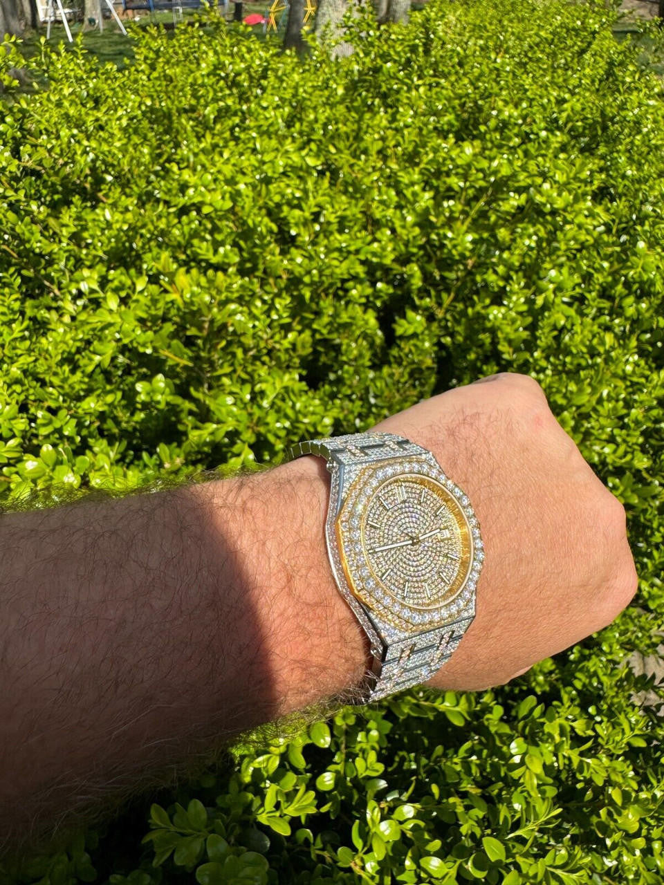 Real MOISSANITE Two Tone Gold Mens Auto Watch Iced Large Stones No ID Hip Hop