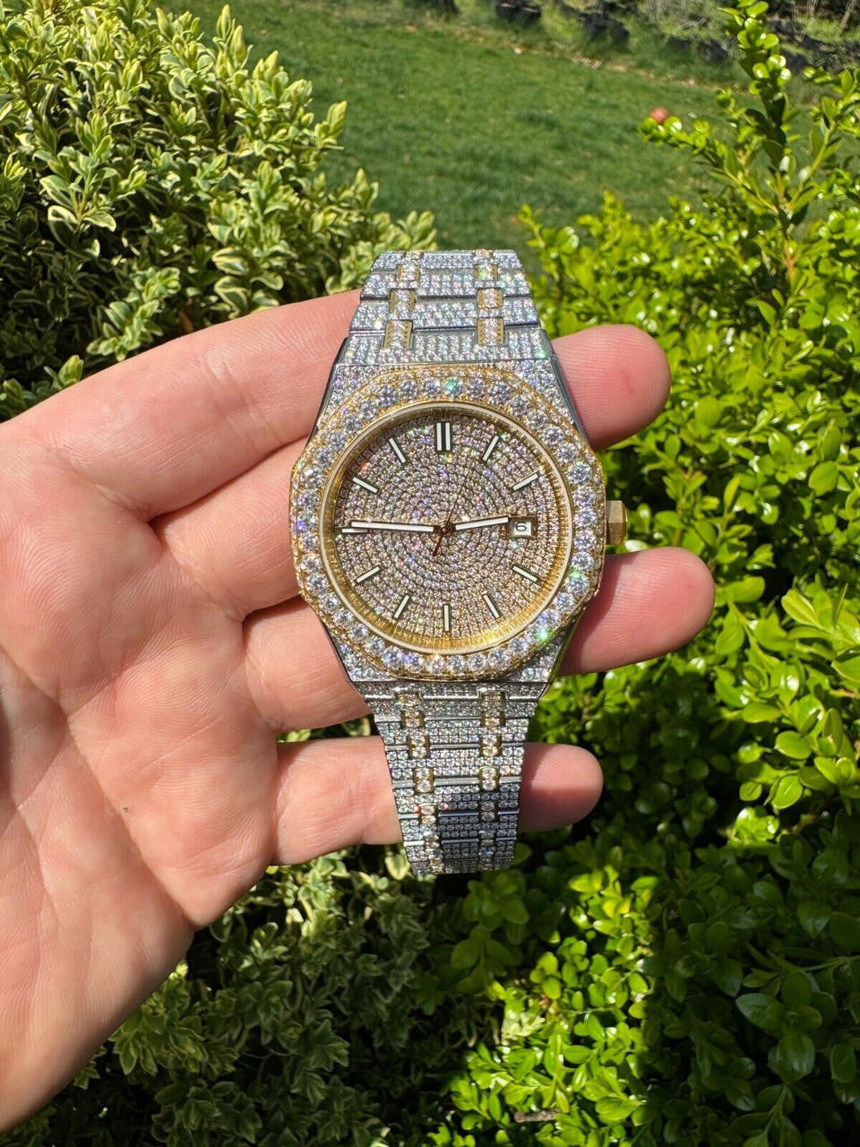 Real MOISSANITE Two Tone Gold Mens Auto Watch Iced Large Stones No ID Hip Hop