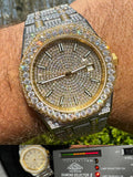 Real MOISSANITE Two Tone Gold Mens Auto Watch Iced Large Stones No ID Hip Hop
