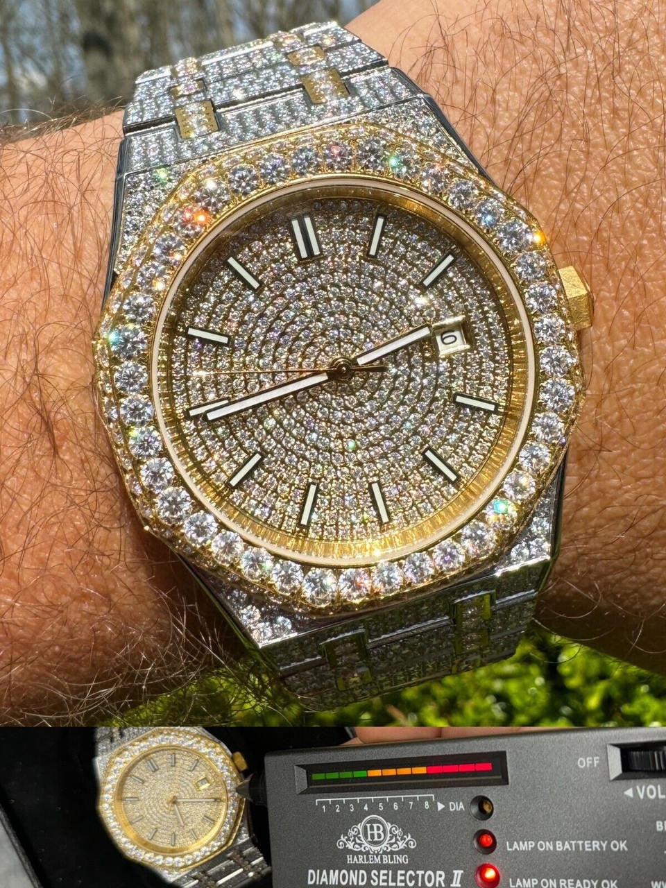 Real MOISSANITE Two Tone Gold Mens Auto Watch Iced Large Stones No ID Hip Hop
