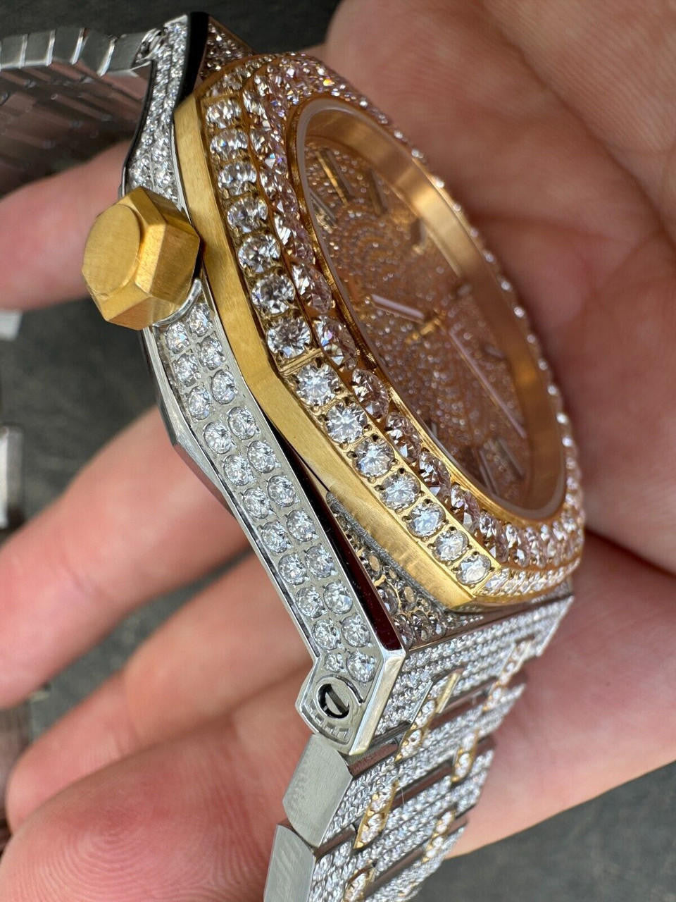 Real MOISSANITE Two Tone Gold Mens Auto Watch Iced Large Stones No ID Hip Hop
