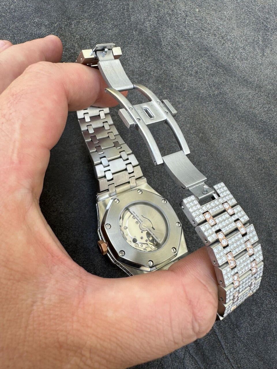 Real MOISSANITE Two Tone Gold Mens Auto Watch Iced Large Stones No ID Hip Hop