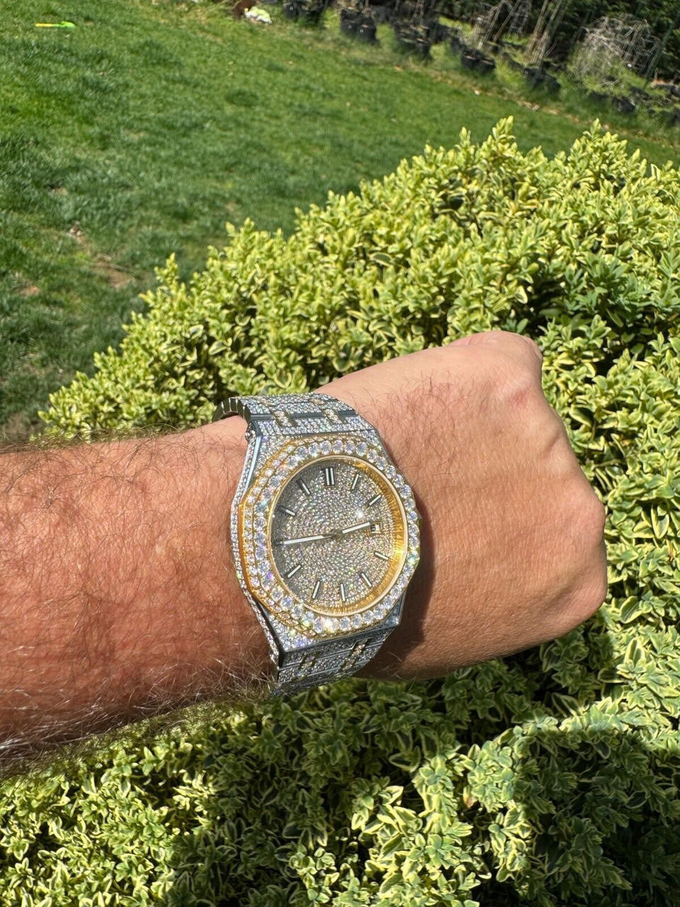 Real MOISSANITE Two Tone Gold Mens Auto Watch Iced Large Stones No ID Hip Hop