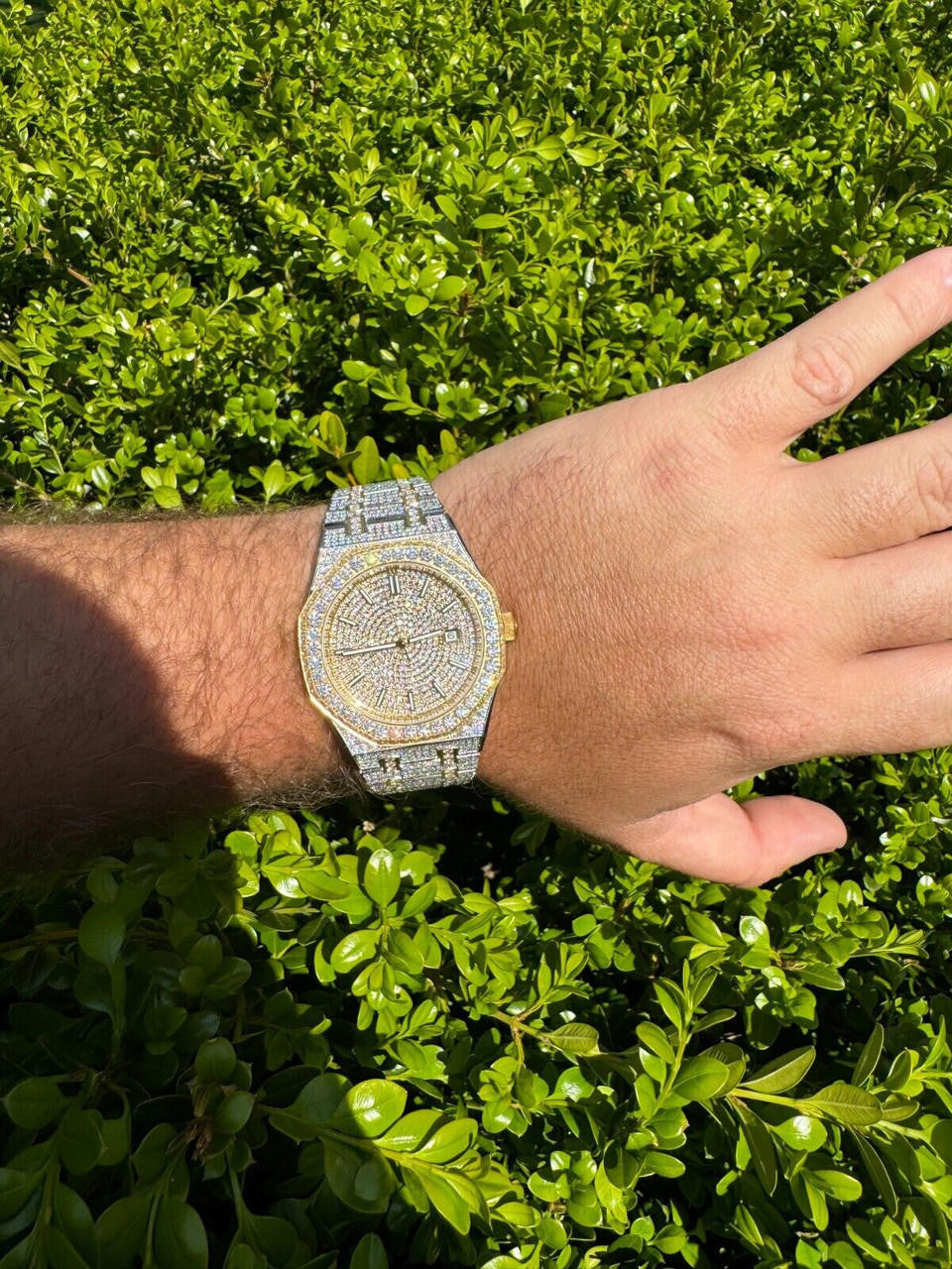 Real MOISSANITE Two Tone Gold Mens Auto Watch Iced Large Stones No ID Hip Hop