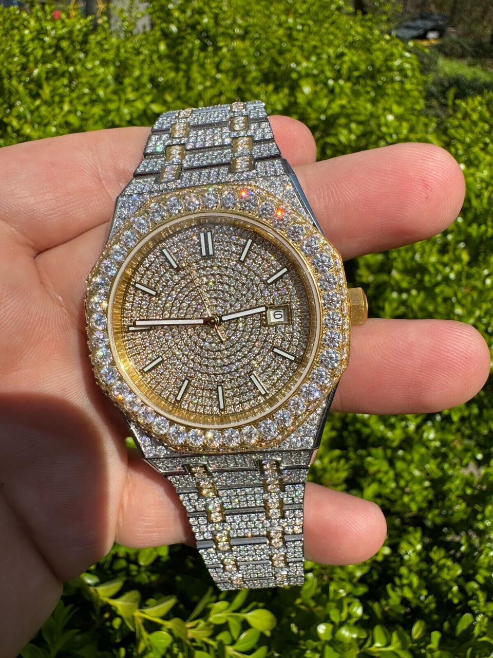 Real MOISSANITE Two Tone Gold Mens Auto Watch Iced Large Stones No ID Hip Hop