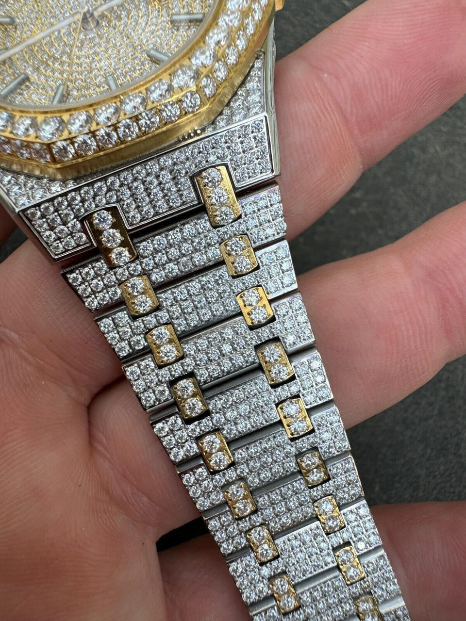 Real MOISSANITE Two Tone Gold Mens Auto Watch Iced Large Stones No ID Hip Hop