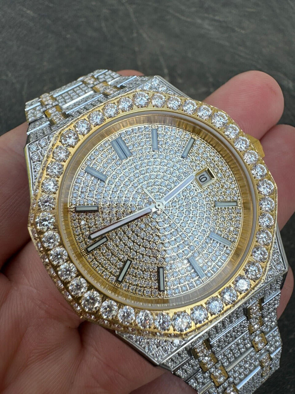 Real MOISSANITE Two Tone Gold Mens Auto Watch Iced Large Stones No ID Hip Hop