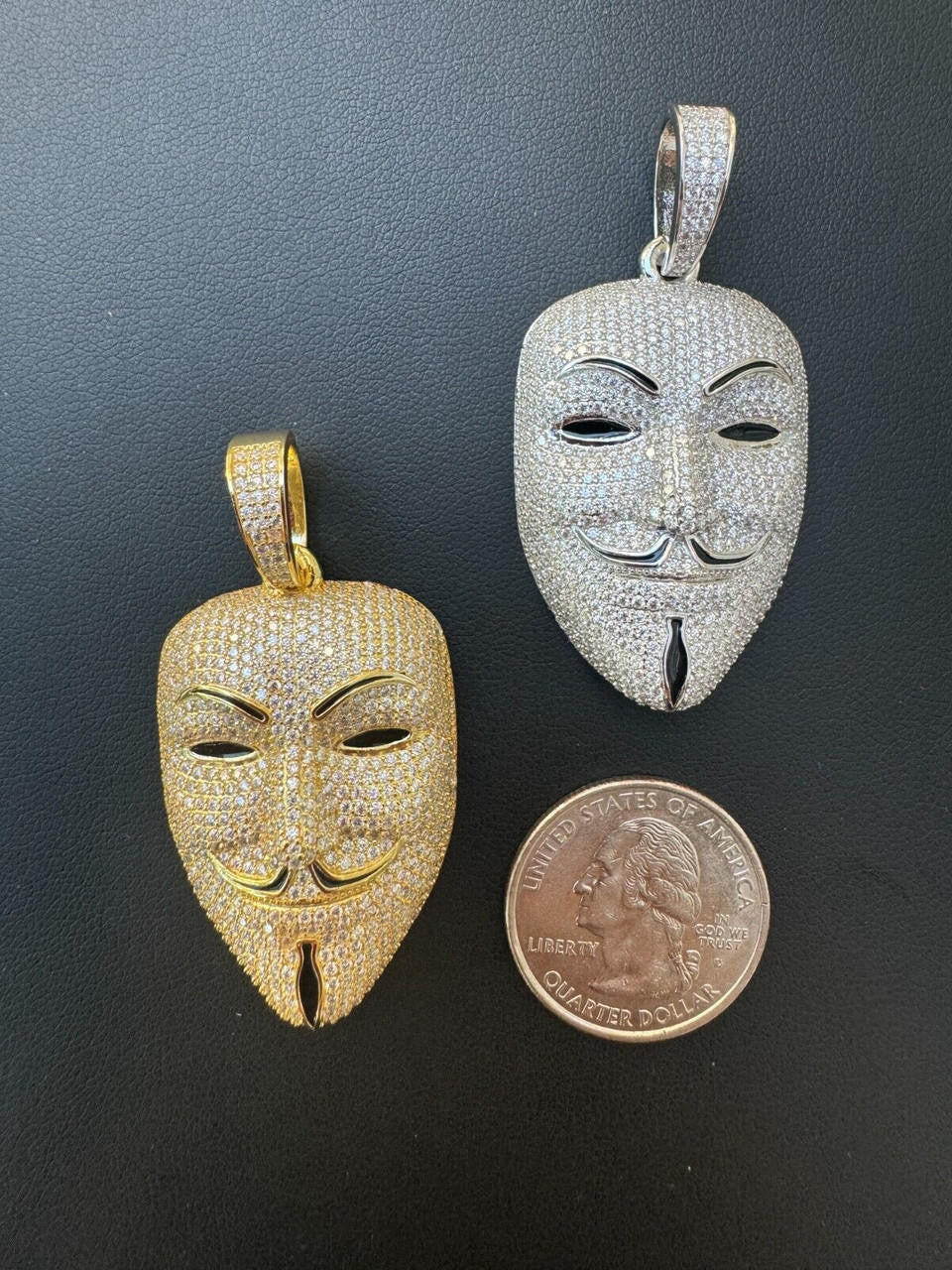 MOISSANITE Anonymous Vendetta Mask Iced Out Pendant - 14k Gold Vermeil Or 925 Silver - Medium 2"