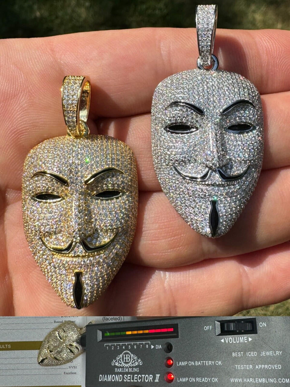 MOISSANITE Anonymous Vendetta Mask Iced Out Pendant - 14k Gold Vermeil Or 925 Silver - Medium 2"
