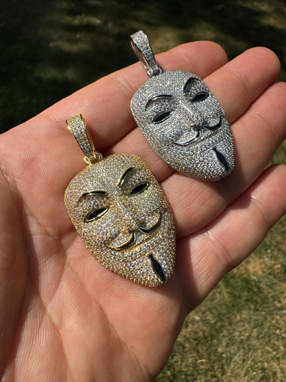 MOISSANITE Anonymous Vendetta Mask Iced Out Pendant - 14k Gold Vermeil Or 925 Silver - Medium 2"