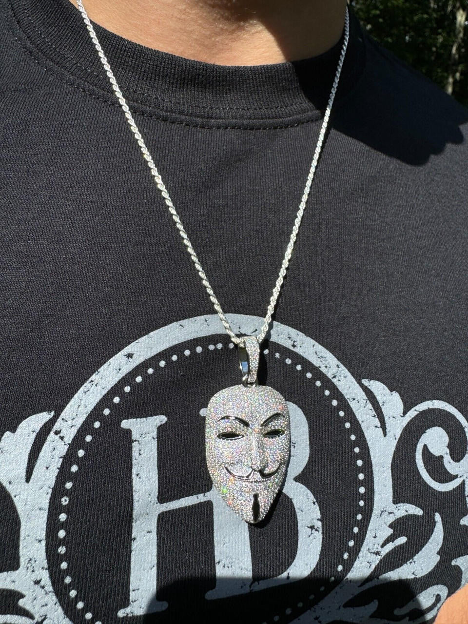 MOISSANITE Anonymous Vendetta Mask Iced Out Pendant - 14k Gold Vermeil Or 925 Silver - Medium 2"