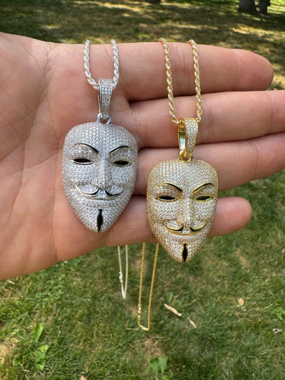MOISSANITE Anonymous Vendetta Mask Iced Out Pendant - 14k Gold Vermeil Or 925 Silver - Medium 2"