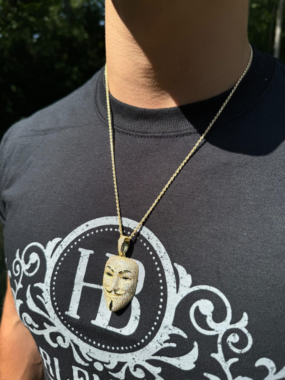 MOISSANITE Anonymous Vendetta Mask Iced Out Pendant - 14k Gold Vermeil Or 925 Silver - Medium 2"