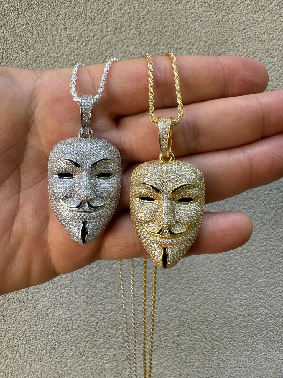 MOISSANITE Anonymous Vendetta Mask Iced Out Pendant - 14k Gold Vermeil Or 925 Silver - Medium 2"